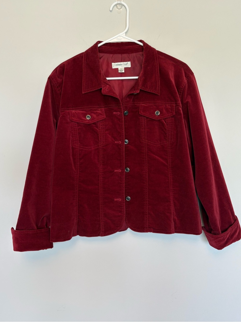 Coldwater Creek Women's Petite Large Burgundy Stretch Velvet Button Up Jacket